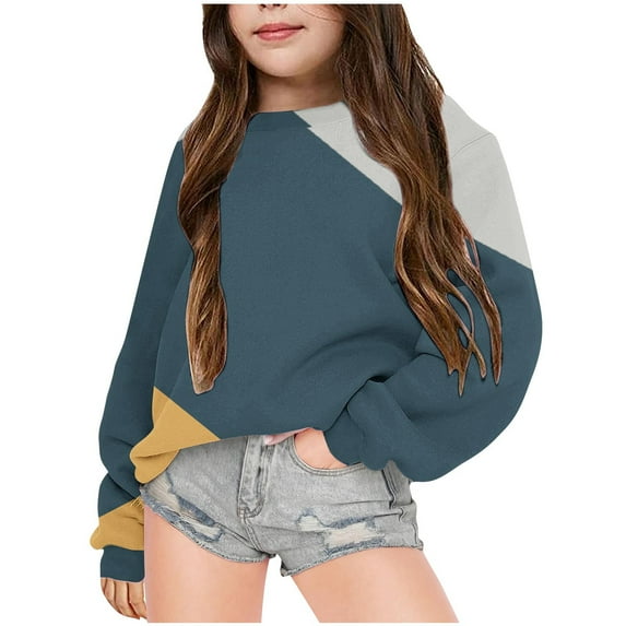 Meitianfacai Toddlers and Girls Sweatshirt Color Block Fall Sweatshirts Crew Neck Long Sleeve Casual Pullover Tops for Spring Fall Winter Streetwear, Girls Navy Sweatshirt Size 1-2 Years