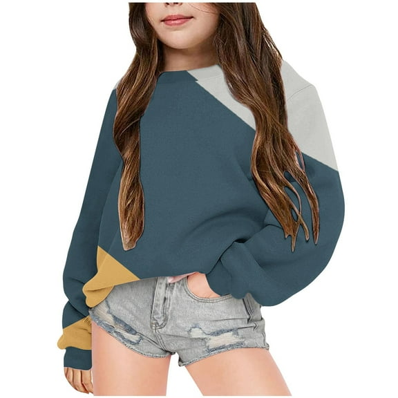Meitianfacai Toddlers and Girls Sweatshirt Color Block Fall Sweatshirts Crew Neck Long Sleeve Casual Pullover Tops for Spring Fall Winter Streetwear, Girls Navy Sweatshirt Size 5-6 Years