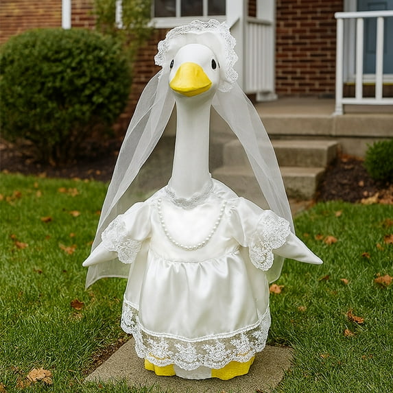 Meitianfacai Valentines Wedding Season Porch Goose Outfit Set, White Decor Attire for 23-Inch Goose Statue, Seasonal Lawn and Garden Decoration, Porch Display Accessory with Hat (Goose Not Included)