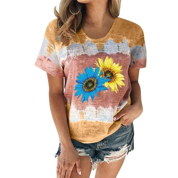 Meitianfacai Womens Short Sleeve Tops Fashion Women Summer Gradient Print Regular Round Neck Women Short Sleeves Top Khaki L