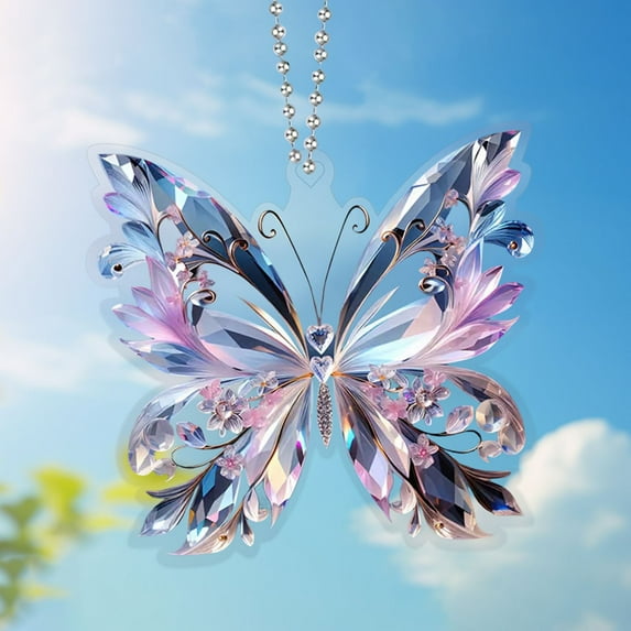 Meitianfacai acrylic crystal butterfly pendant with adjustable cord elegant car and home decoration 3.15" x 2.91" size light catching ornament for rearview mirror or window (Purple)