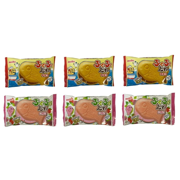 Meito Pukupuku Tai Taiyaki Chocolate and Strawberry Filled Fish Shaped Monaka Wafer; 6 Counts