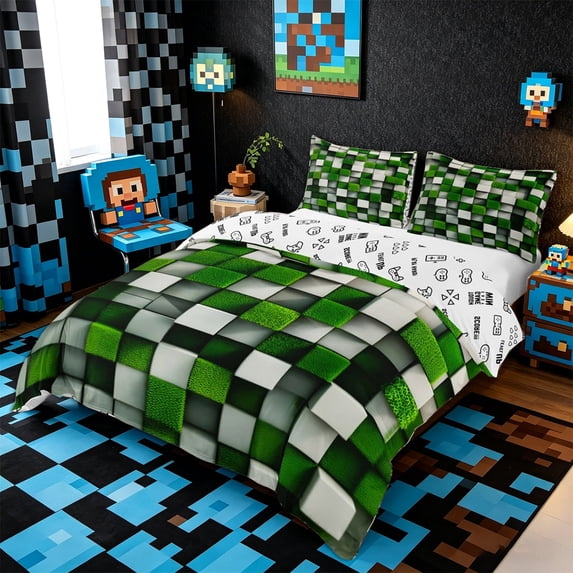 Meiyoeat 3D Textured Green Block Pattern Duvet Cover King, Modern Moss Cube Print King Bedding,3 Pieces,No Comforter