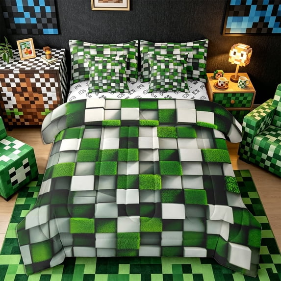 Meiyoeat 3D Textured Green Block Pattern Queen Bedding 7pcs, Modern Moss Cube Print Bedding Comforter Set Queen