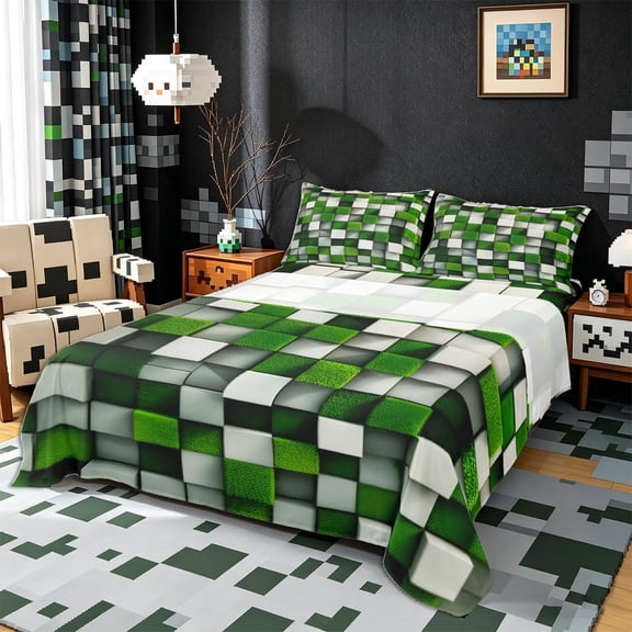 Meiyoeat 3D Textured Green Block Pattern Queen Sheets 4 Pieces, Modern Moss Cube Print Queen Sheet Sets