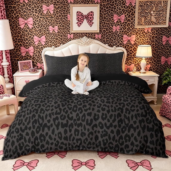 Meiyoeat Animal Cheetah Print Duvet Cover King, Minimalist Spot Pattern King Bedding, Dark Gray,3 Pieces,No Comforter,Black Reversible