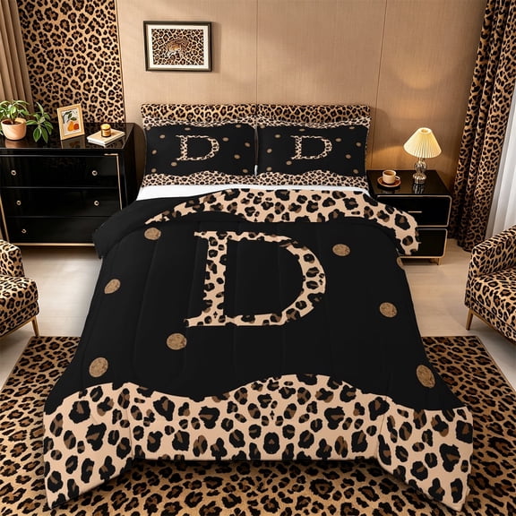 Meiyoeat Animal Leopard Letter D Queen Comforter Set 3pcs for Women Juniors, Classic Polka Dot Bedding Comforter Set for Bedroom, Black Beige Brown,Black Reversible
