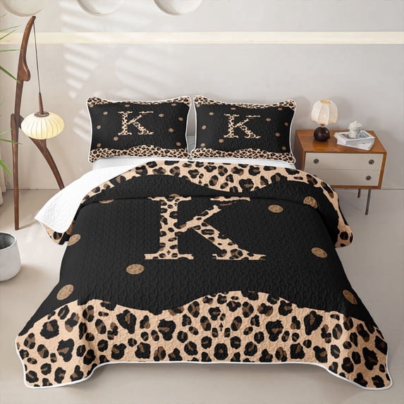 Meiyoeat Animal Leopard Letter K Bed Spread Queen for Girls,Classic Polka Dot Queen Coverlet Set,Black Beige Brown