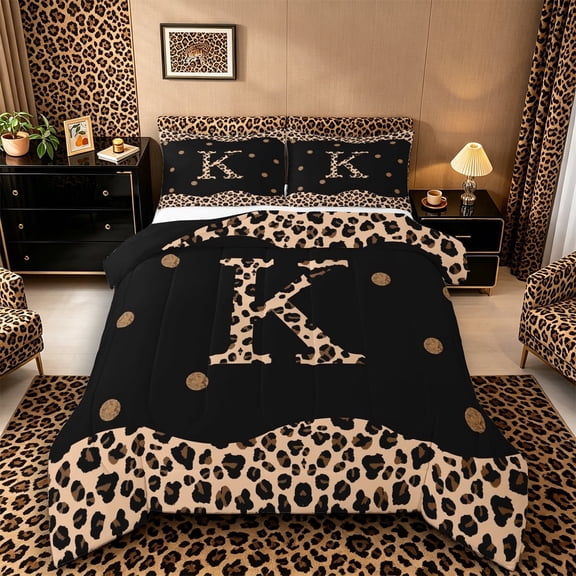 Meiyoeat Animal Leopard Letter K King Size Comforter Sets 3-Piece for Women Preschoolers, Classic Polka Dot Bedding Comforter Set for School, Black Beige Brown,Black Reversible