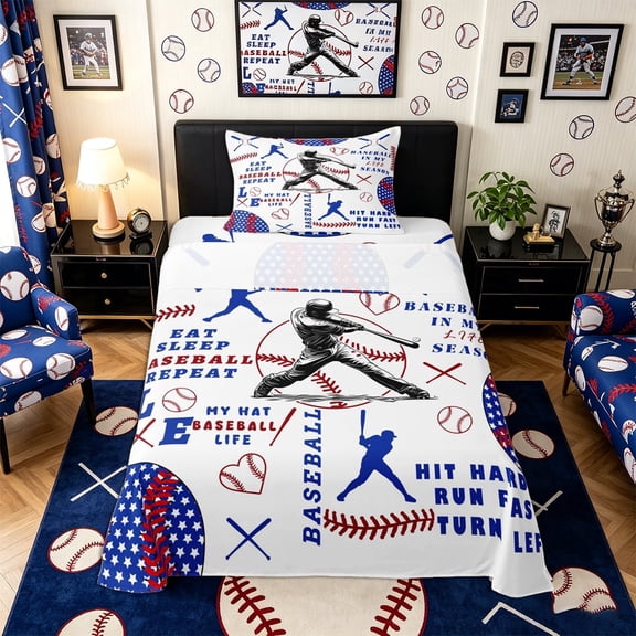 Meiyoeat Baseball Gamer Twin Sheets 3pcs for Teens, Sport Theme Bedding, Red Blue White