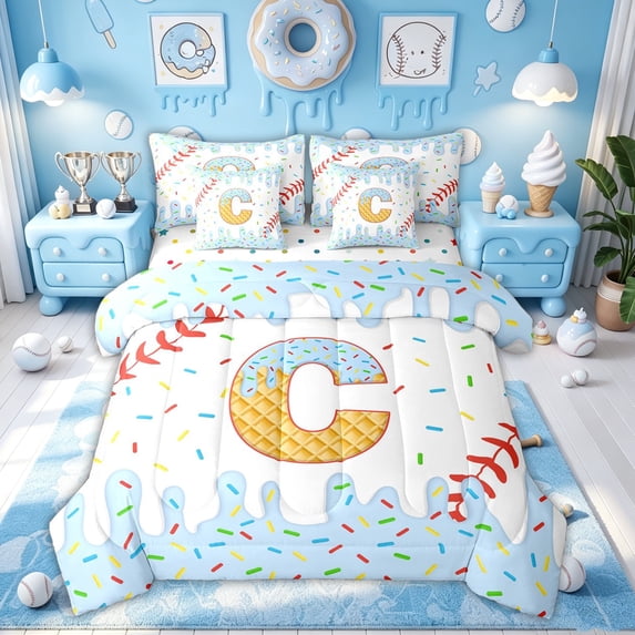 Meiyoeat Baseball Ice Cream Twin Bedding Sets for Boys Girls, Blue Initial C Letter Bedding Comforter Set, Polkadot Reversible, 7 Pieces