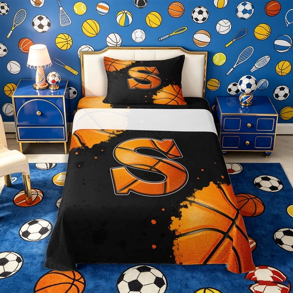 Meiyoeat Basketball Letter S Twin Sheets 3pcs,Sport Graffiti Splash Bedding,Black Orange,1 Fitted Sheet,1 Flat Sheet and 1 Pillowcase