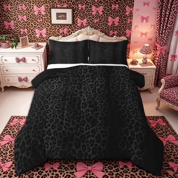 Meiyoeat Black Edgy Leopard Print Queen Comforter Set 3 Pieces, Animal Spot Pattern Comforter Sets Queen,Black Reversible