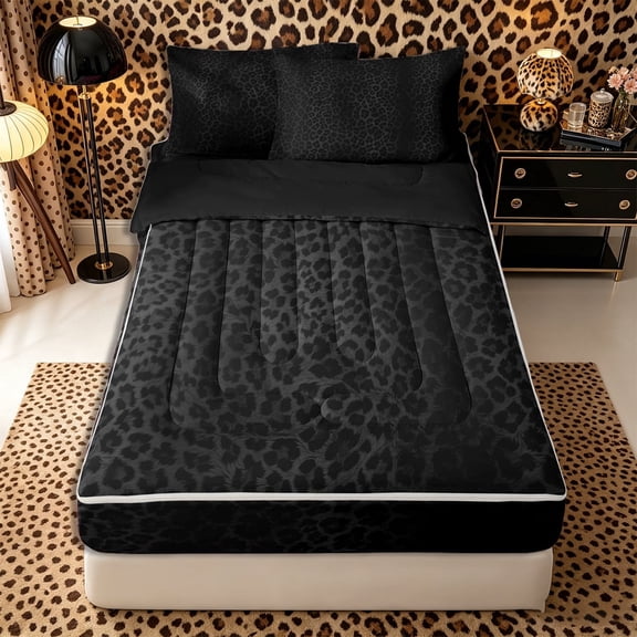 Meiyoeat Black Edgy Leopard Print Zipper Twin Comforter Sets with Fitted Sheet and 2 Pillowcases, Animal Spot Pattern Zipper Bedding Set,4-Piece,Black Reversible
