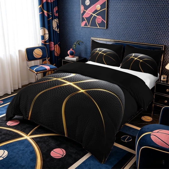 Meiyoeat Black Gold Basketball Print Bedding, Sport Ball Pattern Duvet Cover Full,3pcs,No Comforter,Black Reversible