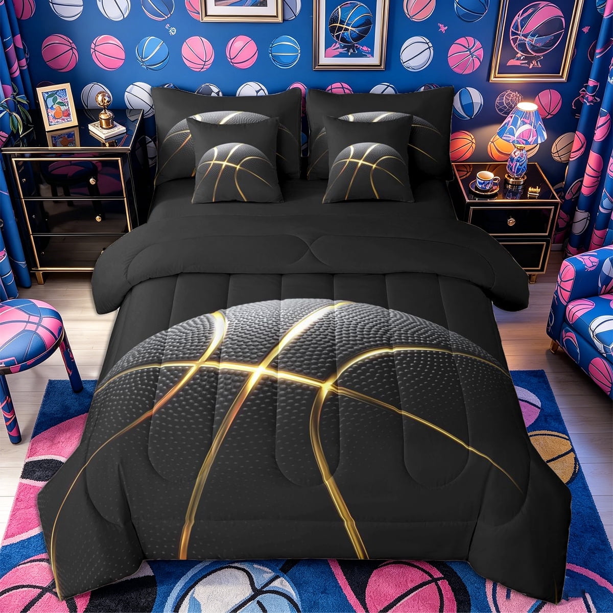 Meiyoeat Black Gold Basketball Print Twin Bedding 7-Piece, Sport Ball ...