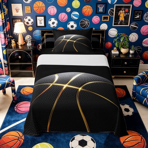 Meiyoeat Black Gold Basketball Print Twin Sheets 3pcs, Sport Ball Pattern Bedding