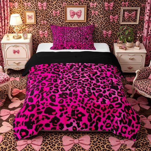 Meiyoeat Black Pink Leopard Print Twin Comforter Sets 2pcs, Animal Spot Pattern Bedding Set,Black Reversible