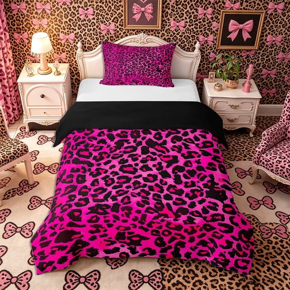 Meiyoeat Black Pink Leopard Print Twin Duvet Cover, Animal Spot Pattern Twin Bedding,2pcs,No Comforter,Black Reversible