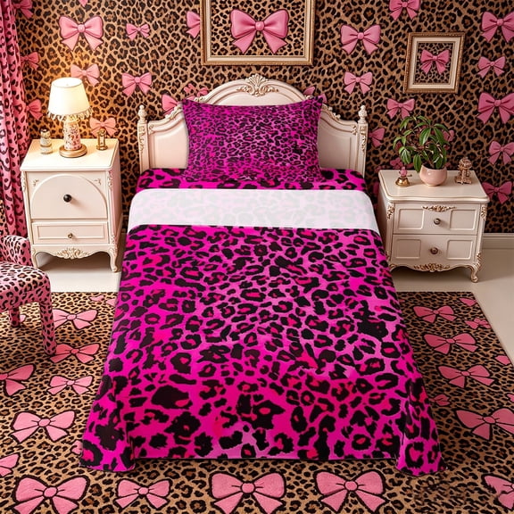 Meiyoeat Black Pink Leopard Print Twin Sheets 3pcs, Animal Spot Pattern Bedding