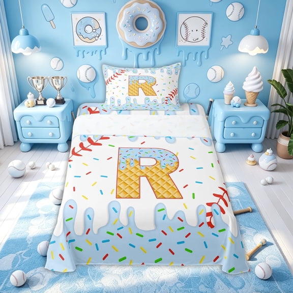 Meiyoeat Blue Baseball Initial R Twin Sheet Sets for Kids Girls Kids, Cartoon Ice Cream Drip Bedding, 3 Pieces