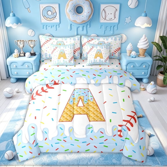 Meiyoeat Blue Ice Cream Drip Bedding Comforter Set for Boys Girls, Baseball Monogrammed A Full Bedding Set, Polkadot Reversible, 7pcs