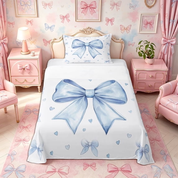 Meiyoeat Blue Ribbon Bow Print Twin Sheets 3pcs, Watercolor Love Heart Pattern Bedding