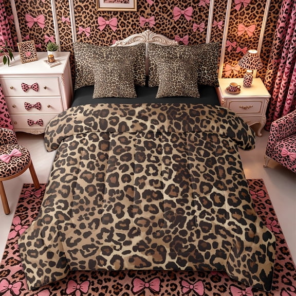 Meiyoeat Boho Leopard Print Queen Bedding 7pcs, Neutral Animal Spot Pattern Bedding Comforter Set Queen, Brown Beige,Black Reversible