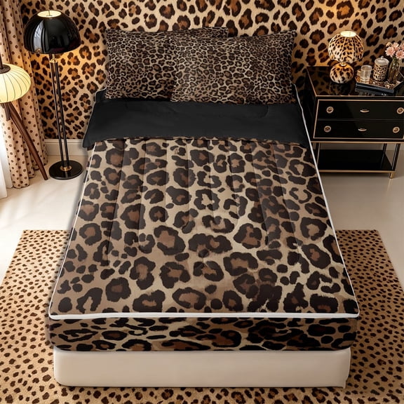 Meiyoeat Boho Leopard Print Zipper Twin Comforter Sets with Fitted Sheet and 2 Pillowcases, Neutral Animal Spot Pattern Zipper Bedding Set, Brown Beige,4-Piece,Black Reversible