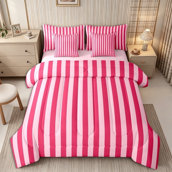 Meiyoeat Bold Vertical Stripe Queen Bedding 7pcs for Girls, Contemporary Pinstripe Bedding Comforter Set Queen, Hot Pink,Pink Reversible