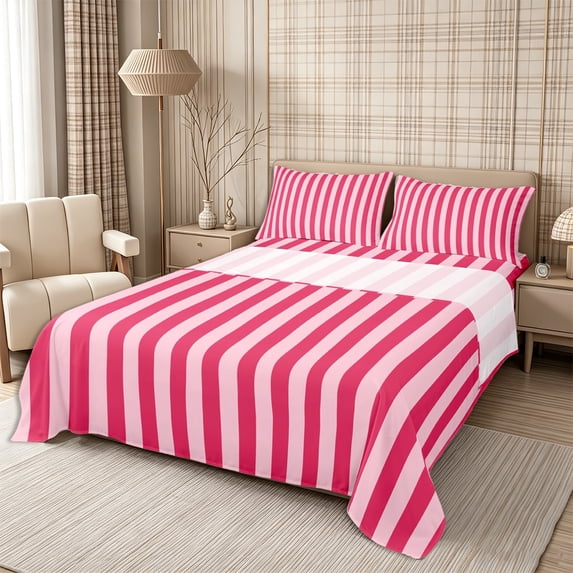Meiyoeat Bold Vertical Stripe Queen Sheets 4 Pieces for Girls, Contemporary Pinstripe Queen Sheet Sets, Hot Pink,1 Fitted Sheet, 1 Flat Sheet and 2 Pillowcases
