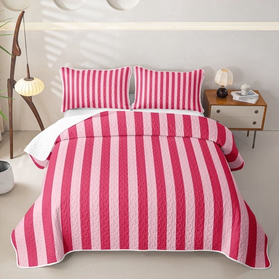 Meiyoeat Bold Vertical Stripe Quilt Full for Girls, Contemporary Pinstripe Full Bedspread Sets, Hot Pink
