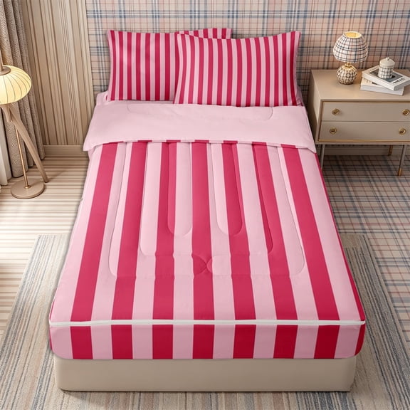 Meiyoeat Bold Vertical Stripe Zipper Full Size Comforter Sets with Fitted Sheet and 2 Pillowcases for Girls, Contemporary Pinstripe Zipper Bedding Set, Hot Pink,Pink Reversible,4pcs