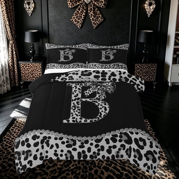 Meiyoeat Bow Cheetah B Queen Comforter Set for Women Girls, Fashion Cheetah Print Ribbon Bedding Comforter Set, Black Reversible, 3-Piece
