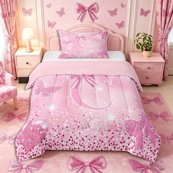 Meiyoeat Bow Letter C Twin Comforter Sets 2pcs for Teens, Sparkle Glitter Butterfly Print Bedding Set,Pink Reversible