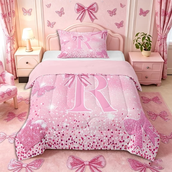 Meiyoeat Bow Letter R Twin Comforter Sets 2pcs for Teens, Sparkle Glitter Butterfly Print Bedding Set,Pink Reversible