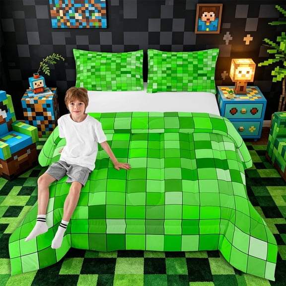Meiyoeat Bright Green Pixelated Miners Queen Comforter Set 3 Pieces, Simple Square Tile Print Comforter Sets Queen