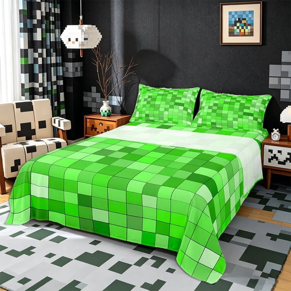 Meiyoeat Bright Green Pixelated Miners Queen Sheets 4 Pieces, Simple Square Tile Print Queen Sheet Sets