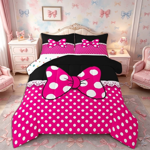 Meiyoeat Bright Polka Dot Print Queen Comforter Set 3 Pieces,Playful Bow Pattern Comforter Sets Queen,Pink Black White,1 Comforter and 2 Pillowcases