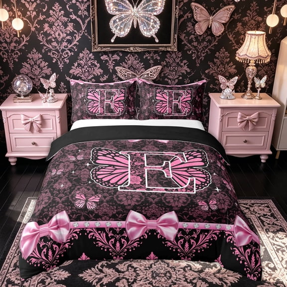 Meiyoeat Butterfly Initial E Letter Queen Duvet Cover Set for Women Girls, Black Pink Bowknot Damask Floral Bedding, Black Reversible, 1 Duvet Cover and 2 Pillowcases (No Comforter)