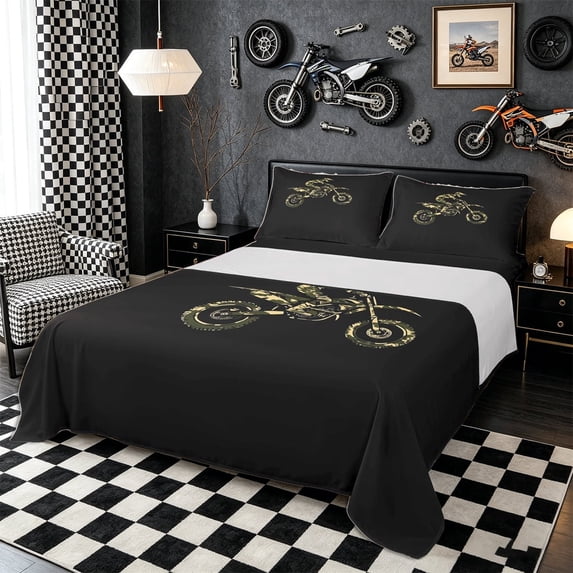 Meiyoeat Camo Motorcycle Bed Sheets 4-Piece, vintage Motocross Full Size Sheets, Green Black