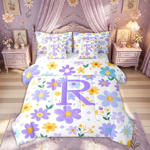 Meiyoeat Cartoon Daisy Floral Twin Bedding Sets for Girls Kids, Fashion R Letter Bedding Comforter Set, Purple, Reversible, 7pcs
