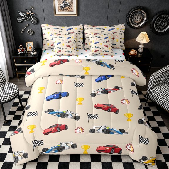 Meiyoeat Cartoon Race Car Pattern Queen Bedding 7Pcs,Trophy Flag Print Bedding Comforter Set Queen,Beige Multi Color