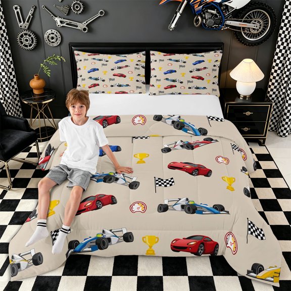 Meiyoeat Cartoon Race Car Pattern Queen Comforter Set 3 Pieces,Trophy Flag Print Comforter Sets Queen,Beige Multi Color,1 Comforter and 2 Pillowcases