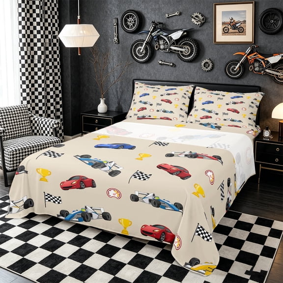 Meiyoeat Cartoon Race Car Pattern Queen Sheets 4 Pieces,Trophy Flag Print Queen Sheet Sets,Beige Multi Color,1 Flat Sheet,1 Fitted Sheet and 2 Pillowcases