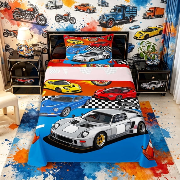 Meiyoeat Cartoon Racing Car Twin Sheets 3pcs for Boys,Checkered Flag Design Bedding,Red Yellow,1 Fitted Sheet,1 Flat Sheet and 1 Pillowcase