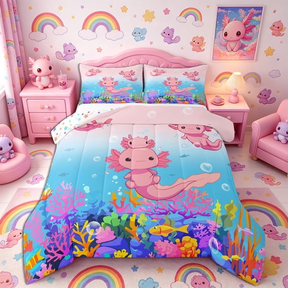 Meiyoeat Cartoon Sea Salamander Full Size Comforter Sets 3-Piece, Cartoon Ocean Animal Bedding Comforter Set, Pink Blue