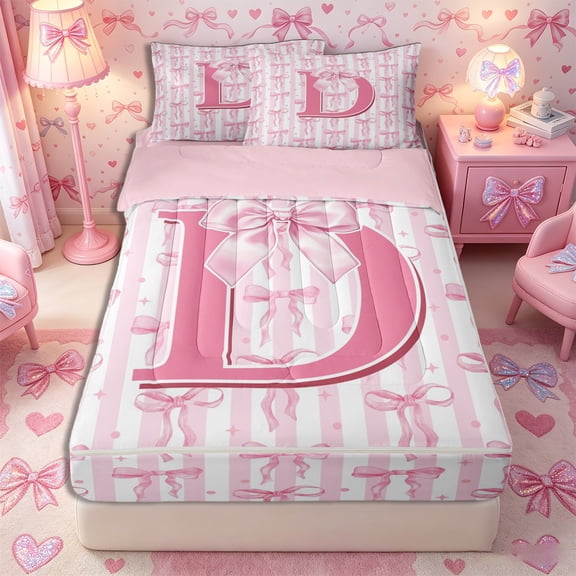 Meiyoeat Charming Bow Letter D Zipper Full Size Comforter Sets with Fitted Sheet and 2 Pillowcases for Girls Juniors, Soft Stripe Zipper Bedding Set for Bedroom,4pcs,Pink Reversible