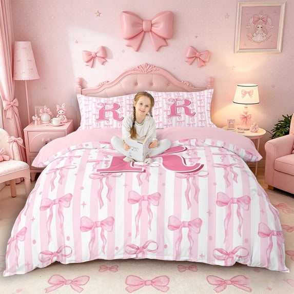 Meiyoeat Charming Bow Letter R Duvet Cover Set for Girls Juniors, Soft Stripe Bedding Full for Bedroom, Light Pink White,Pink Reversible,3pcs,No Comforter