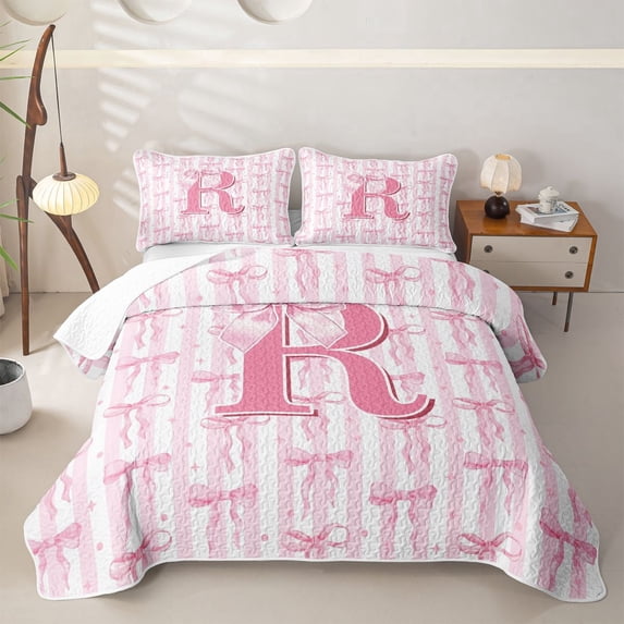Meiyoeat Charming Bow Letter R Twin Quilt Set for Girls,Soft Stripe Twin Coverlet Set for Bedroom,Light Pink White